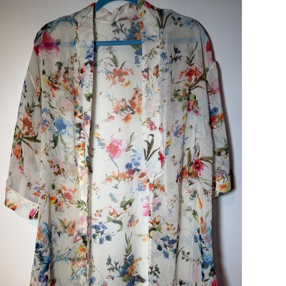 Fashion Classic Floral Kimono Cardigan Sheer White Multi‎ XL